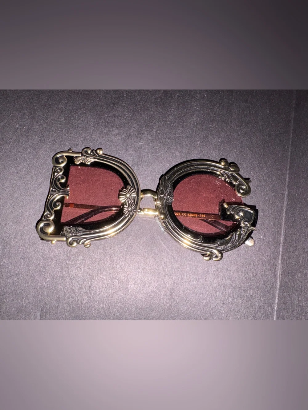 Dolce and Gahanna DG  Ornate Gold Frame Oval Sunglasses with Burgundy Lenses